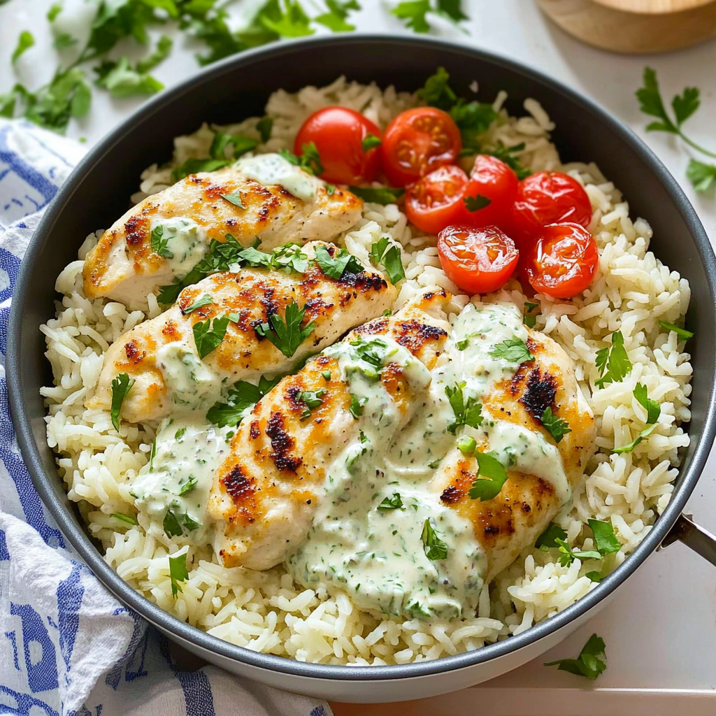 Recipe preparation for Dump-and-Bake Chicken Tzatziki with Rice