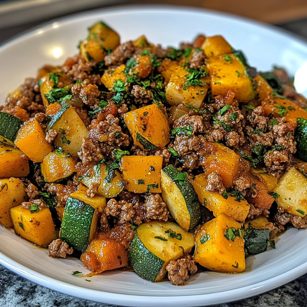 Recipe preparation for Ground Beef Zucchini Sweet Potato Skillet