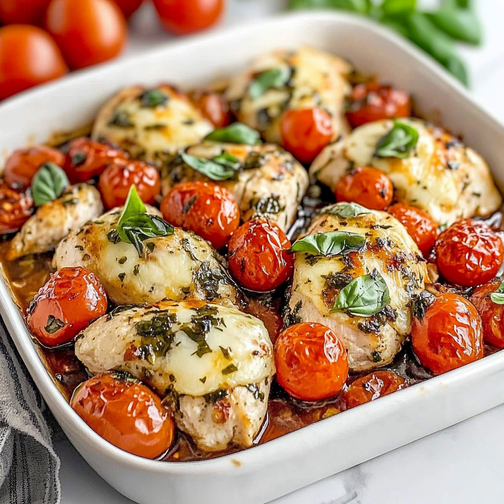 Recipe preparation for Bruschetta Chicken Bake Tomatoes