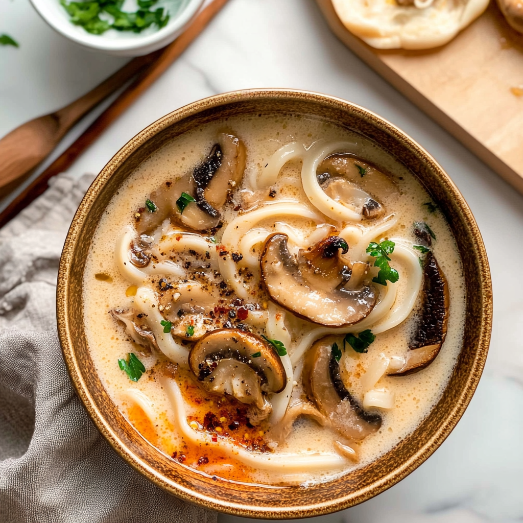Recipe preparation for Creamy Mushroom Udon Noodle Soup