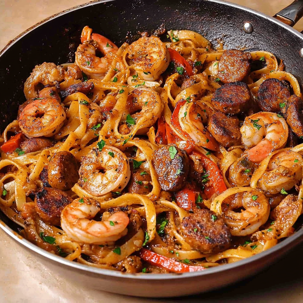 Recipe preparation for Cajun Ranch Shrimp and Sausage Pasta Skillet