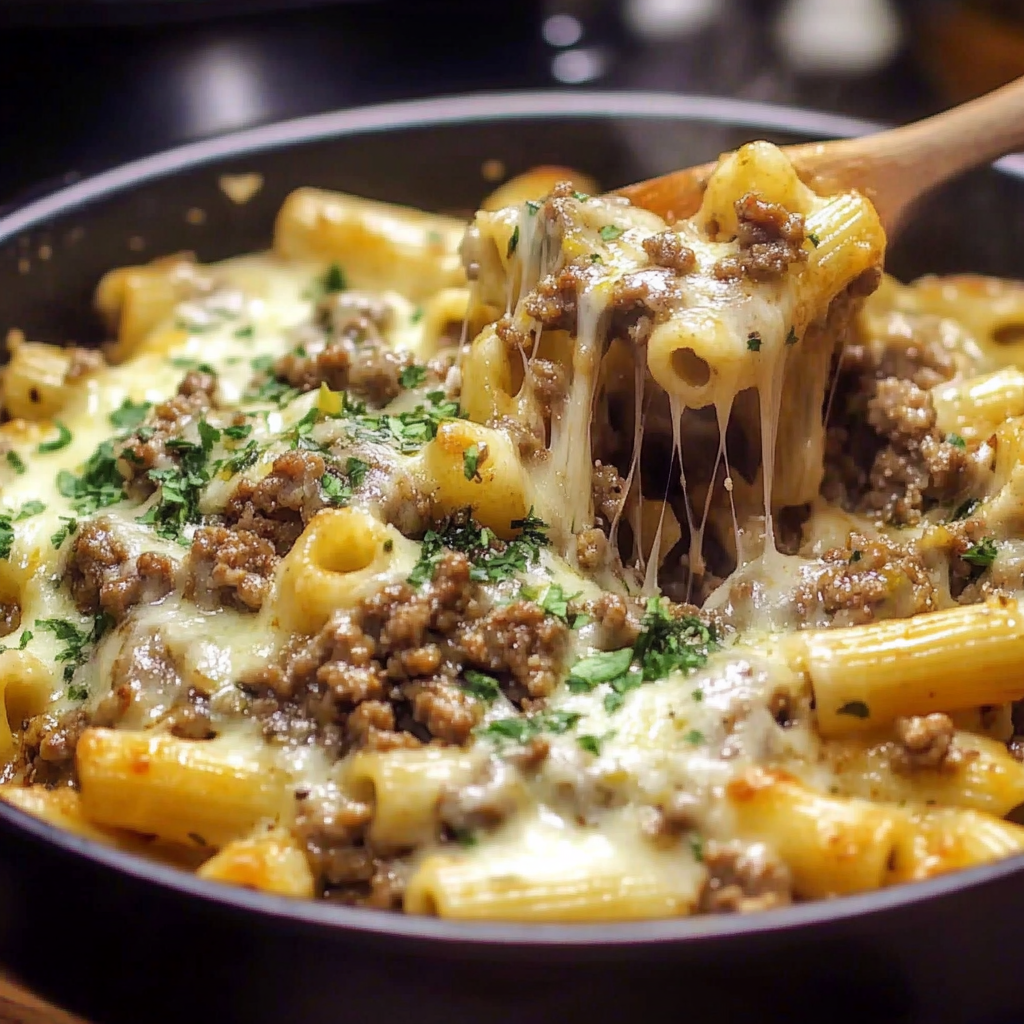 Recipe preparation for Cheesy Ground Beef Pasta Skillet