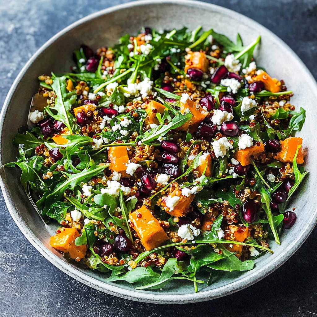 Recipe preparation for Roast Pumpkin Salad With Quinoa Feta And Pomegranate
