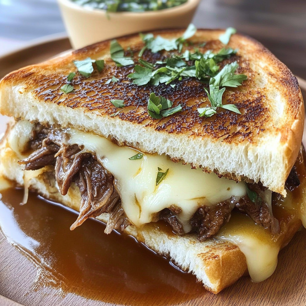 Recipe preparation for Copycat Disneyland Beef Birria Grilled Cheese Sandwich