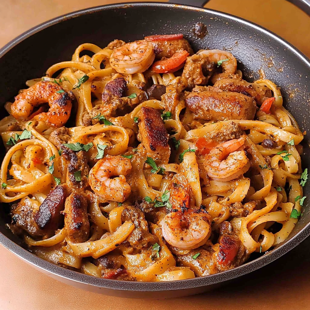 Recipe preparation for Cajun Ranch Shrimp and Sausage Pasta Skillet