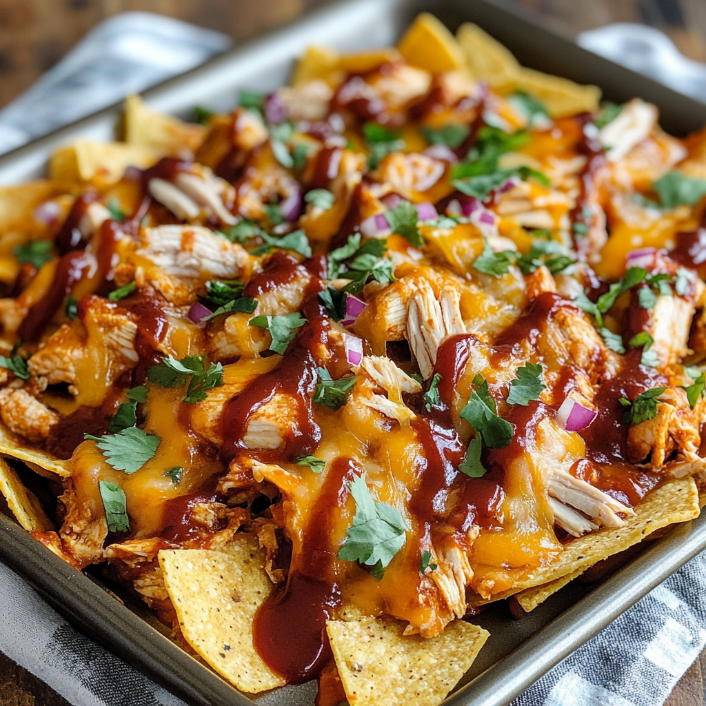 Recipe preparation for Sheet Pan BBQ Chicken Nachos