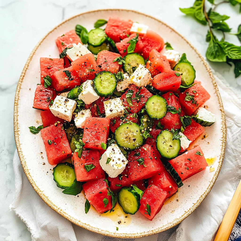 Recipe preparation for Watermelon Salad with Whipped Feta