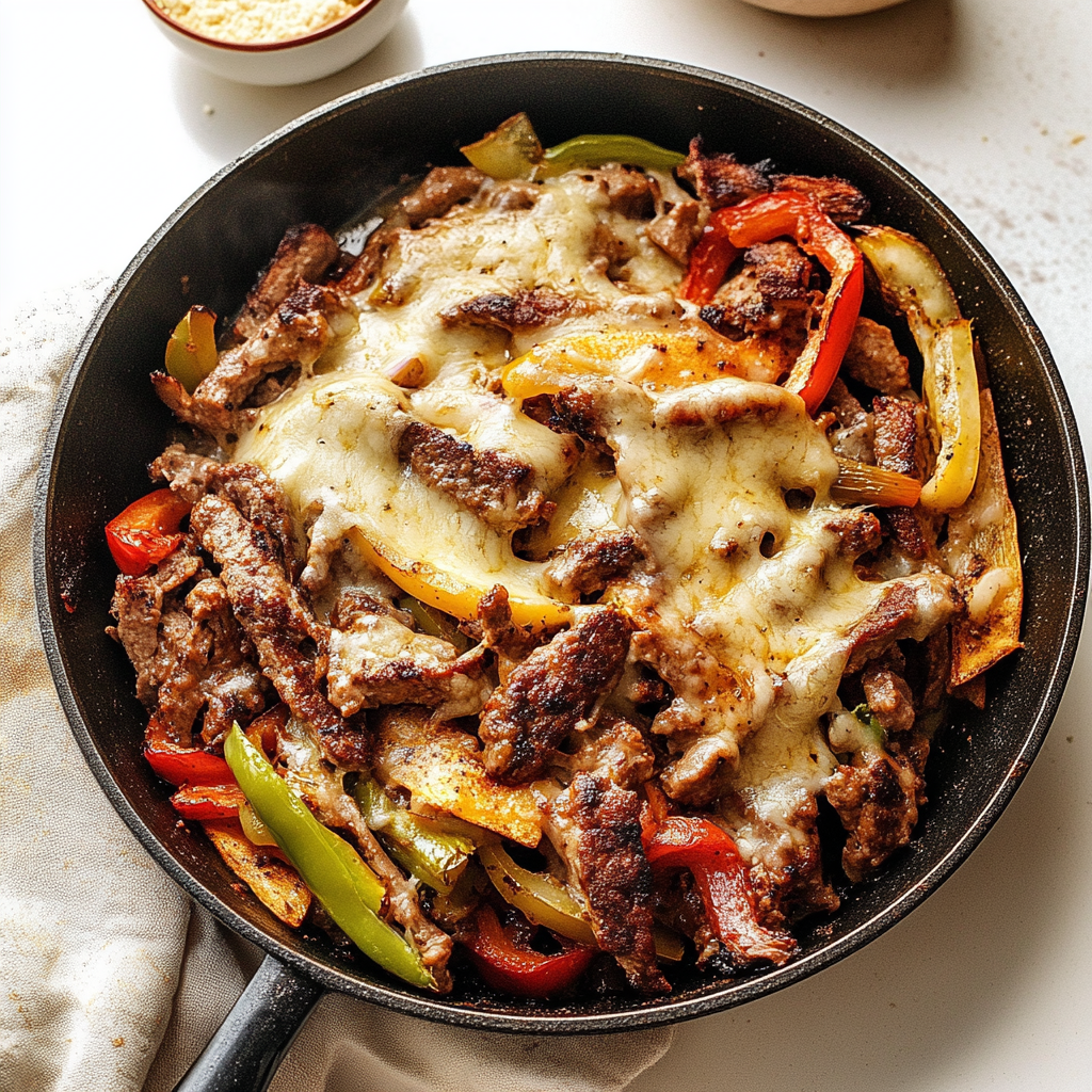 Recipe preparation for Zesty Philly Cheesesteak Skillet