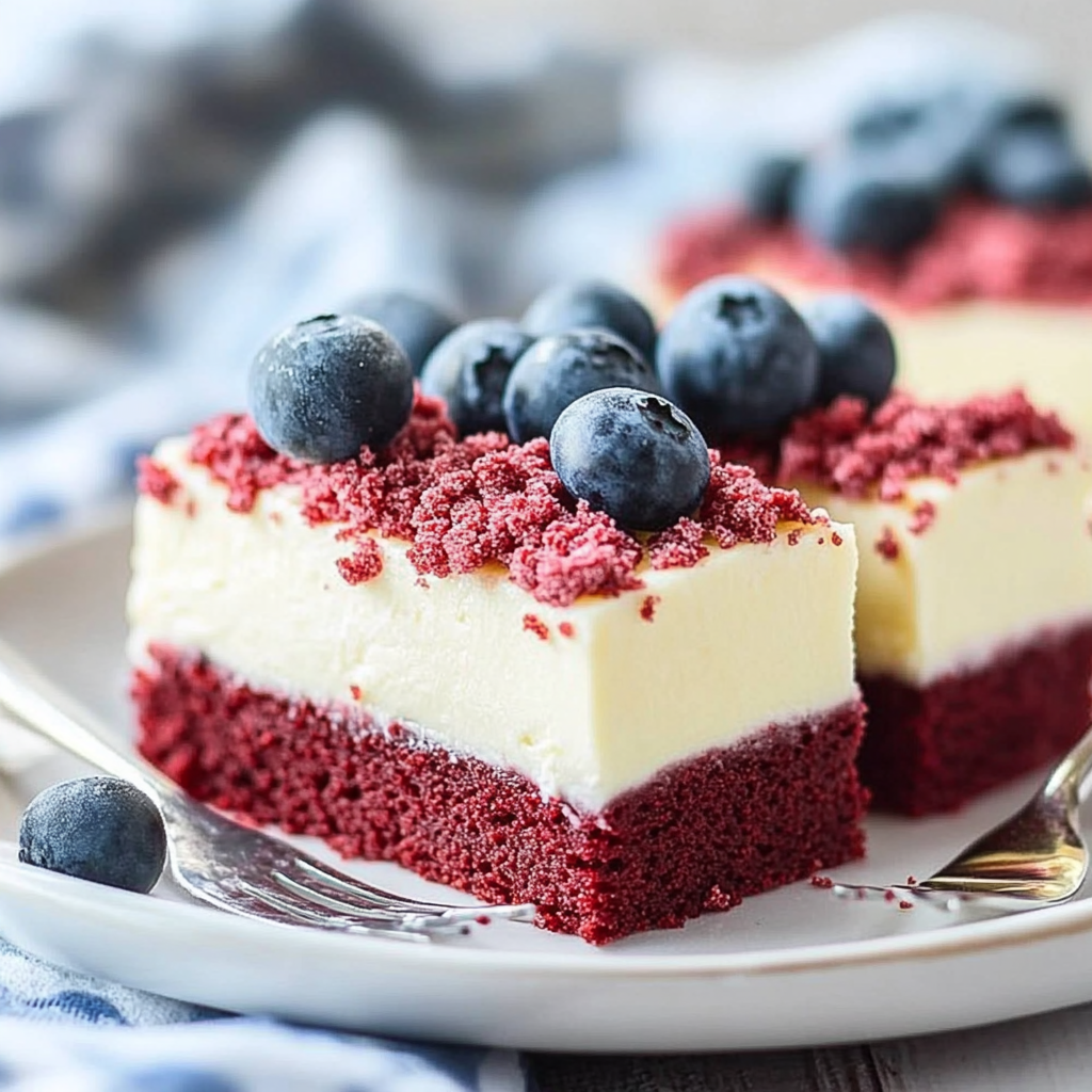 Recipe preparation for Fourth of July Red Velvet Cheesecake Bars