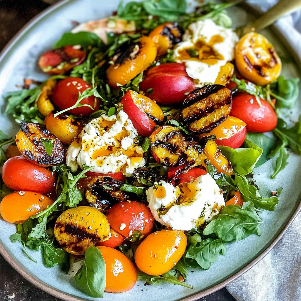 Recipe preparation for Grilled Peach Burrata Salad