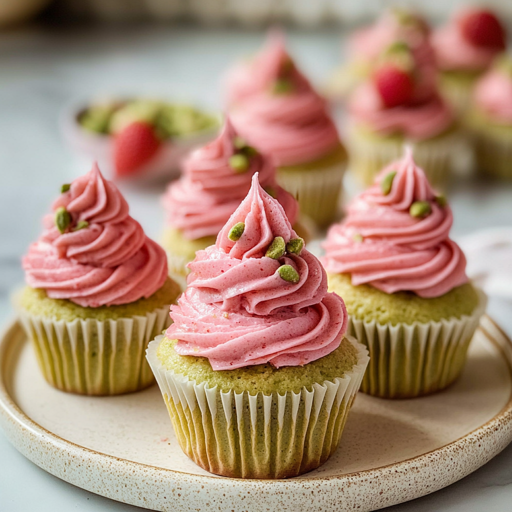 Recipe preparation for Pistachio Cupcakes with Strawberry Buttercream