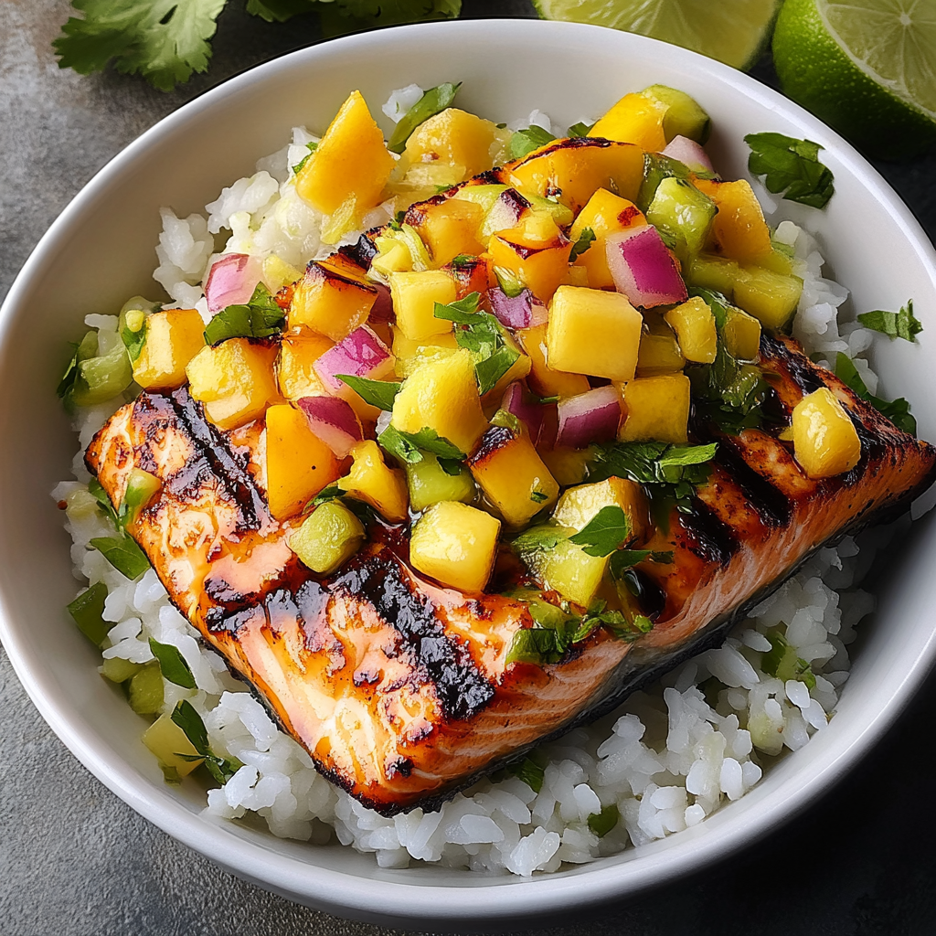 Recipe preparation for Grilled Salmon Mango Coconut Rice