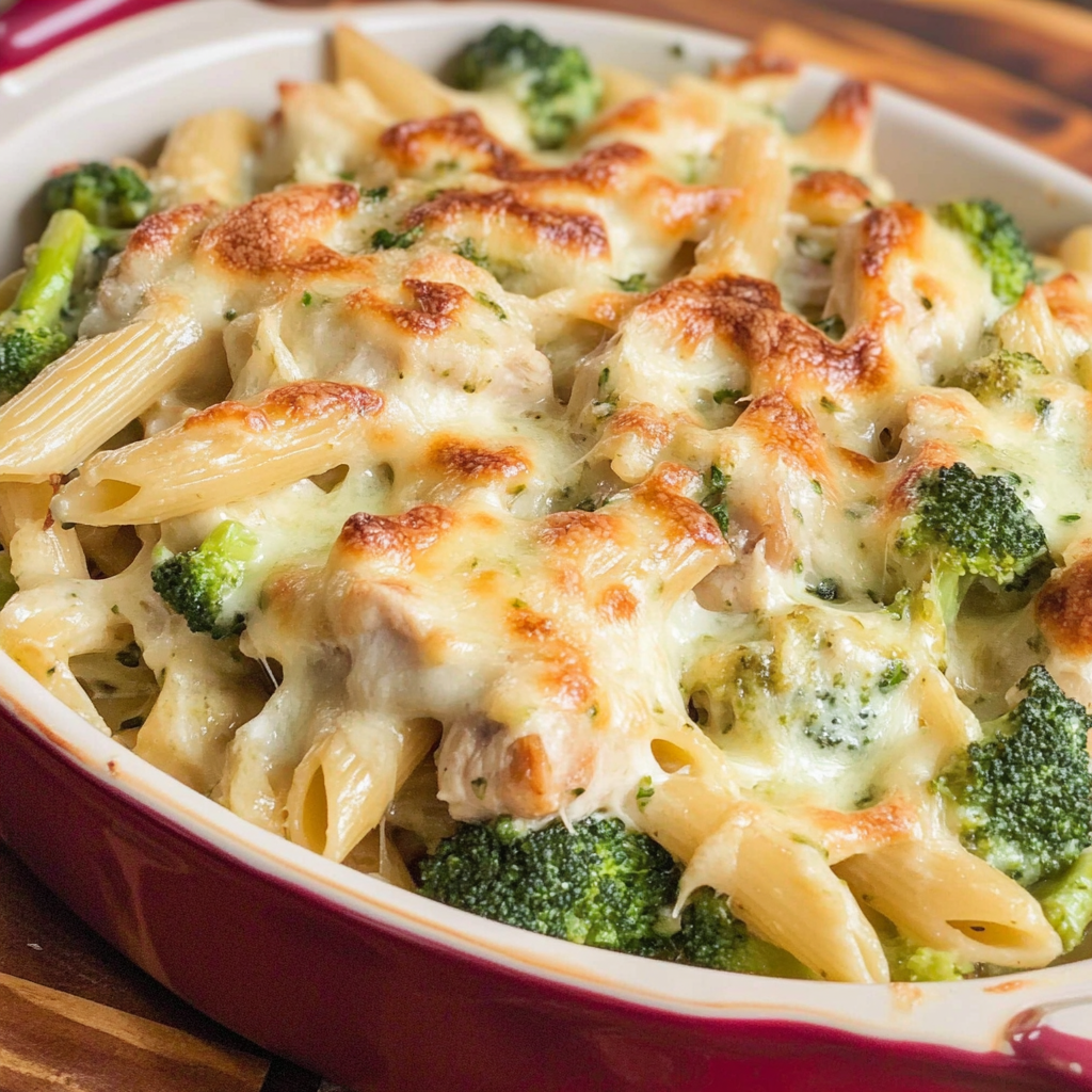 Recipe preparation for Cheesy Chicken Broccoli Pasta Bake