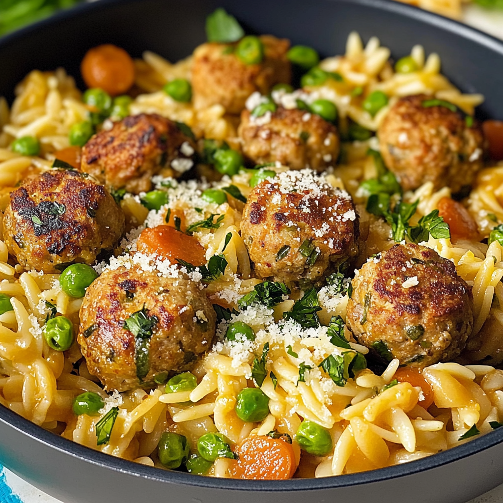 Recipe preparation for Mediterranean Chicken Meatballs and Orzo