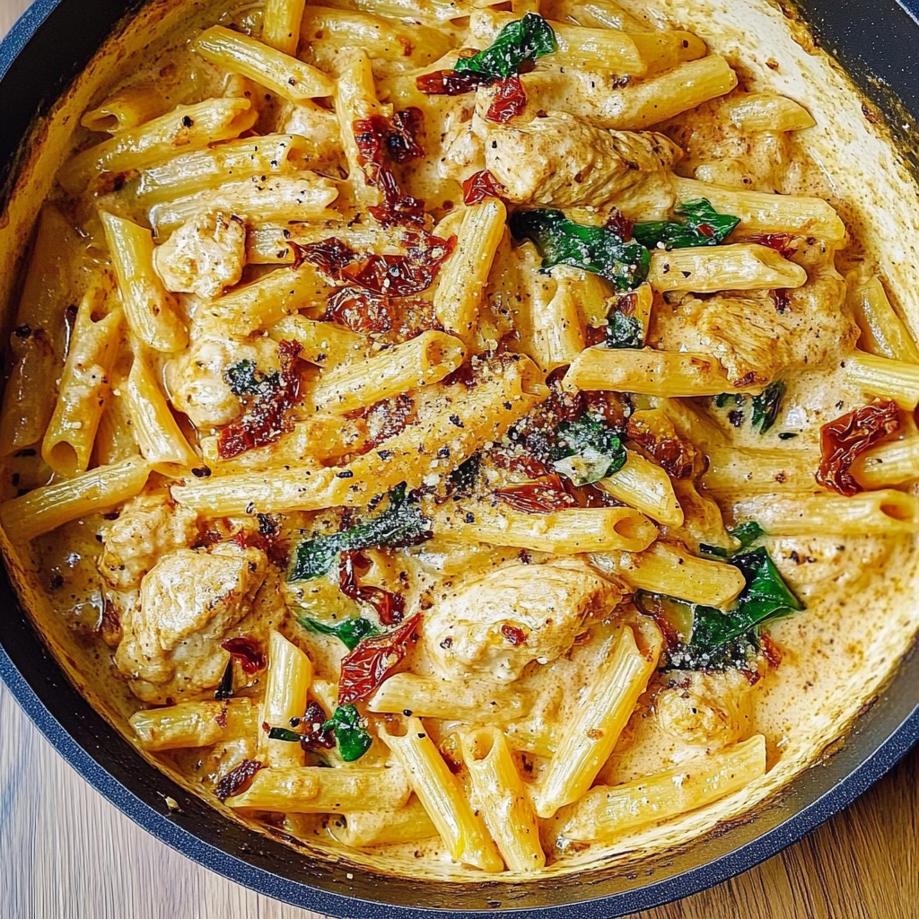 Recipe preparation for Creamy Asiago Chicken Pasta with Sun-Dried Tomatoes
