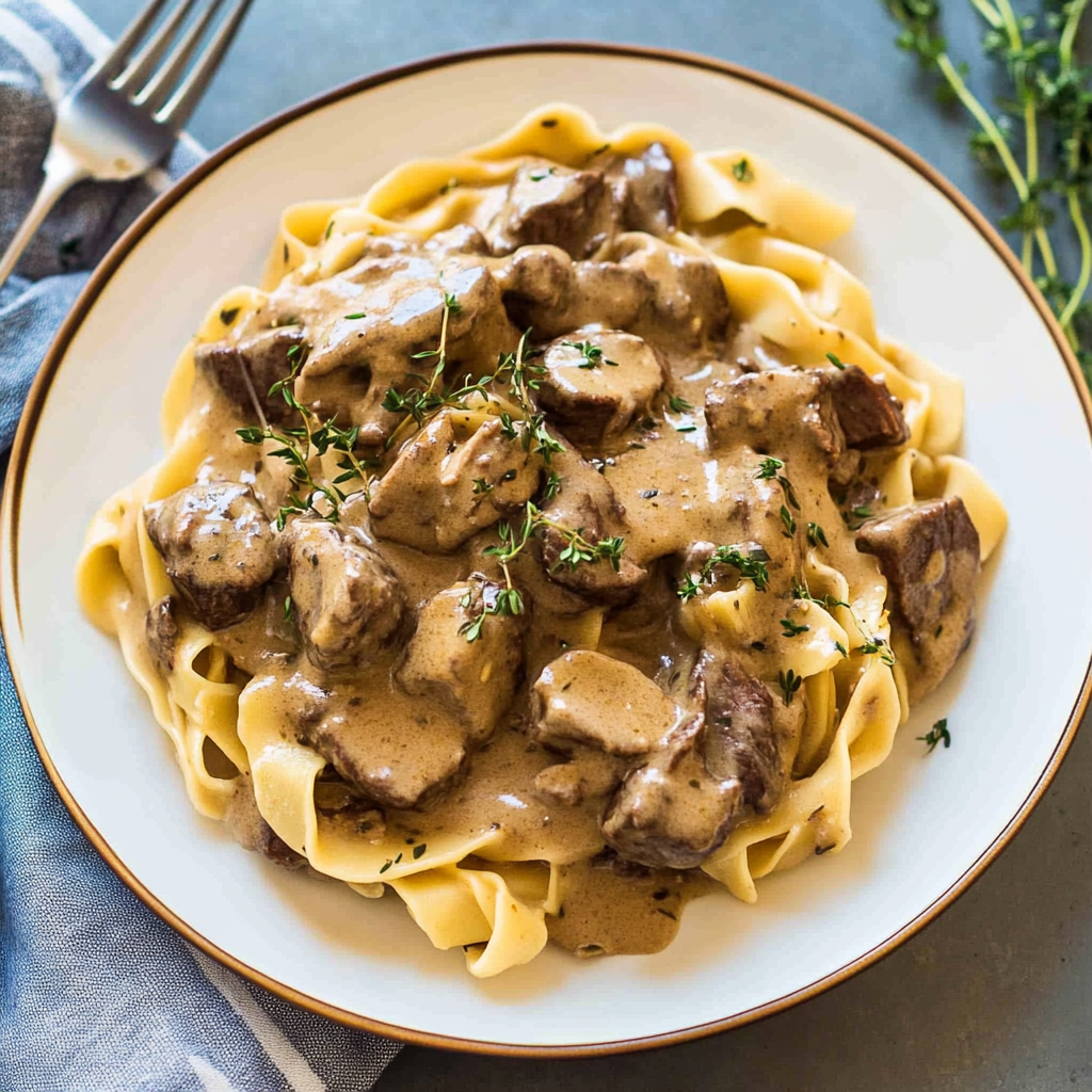 Recipe preparation for Creamy Slow Cooker Beef Stroganoff