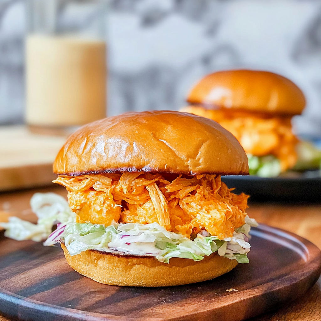 Recipe preparation for Spicy Shredded Buffalo Chicken Sandwich