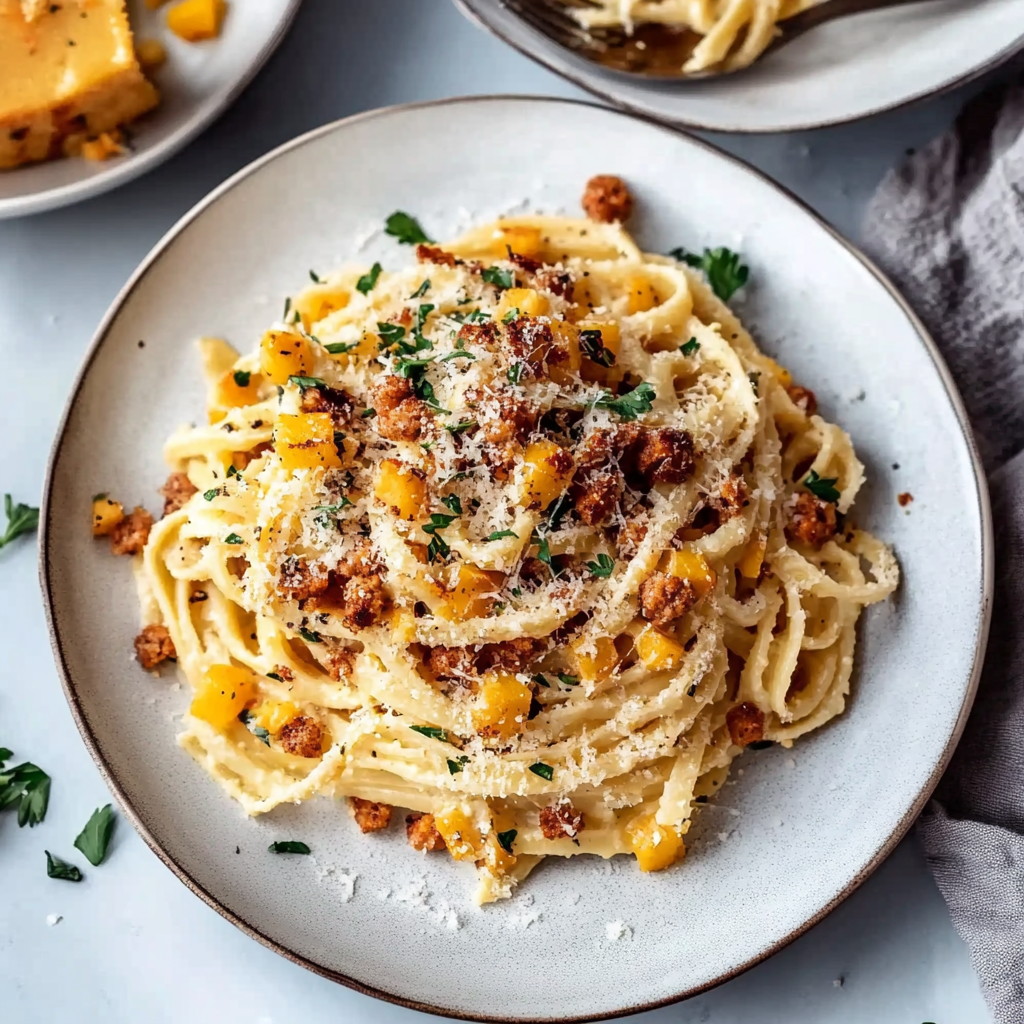 Recipe preparation for Creamy Butternut Squash Pasta with Sausage