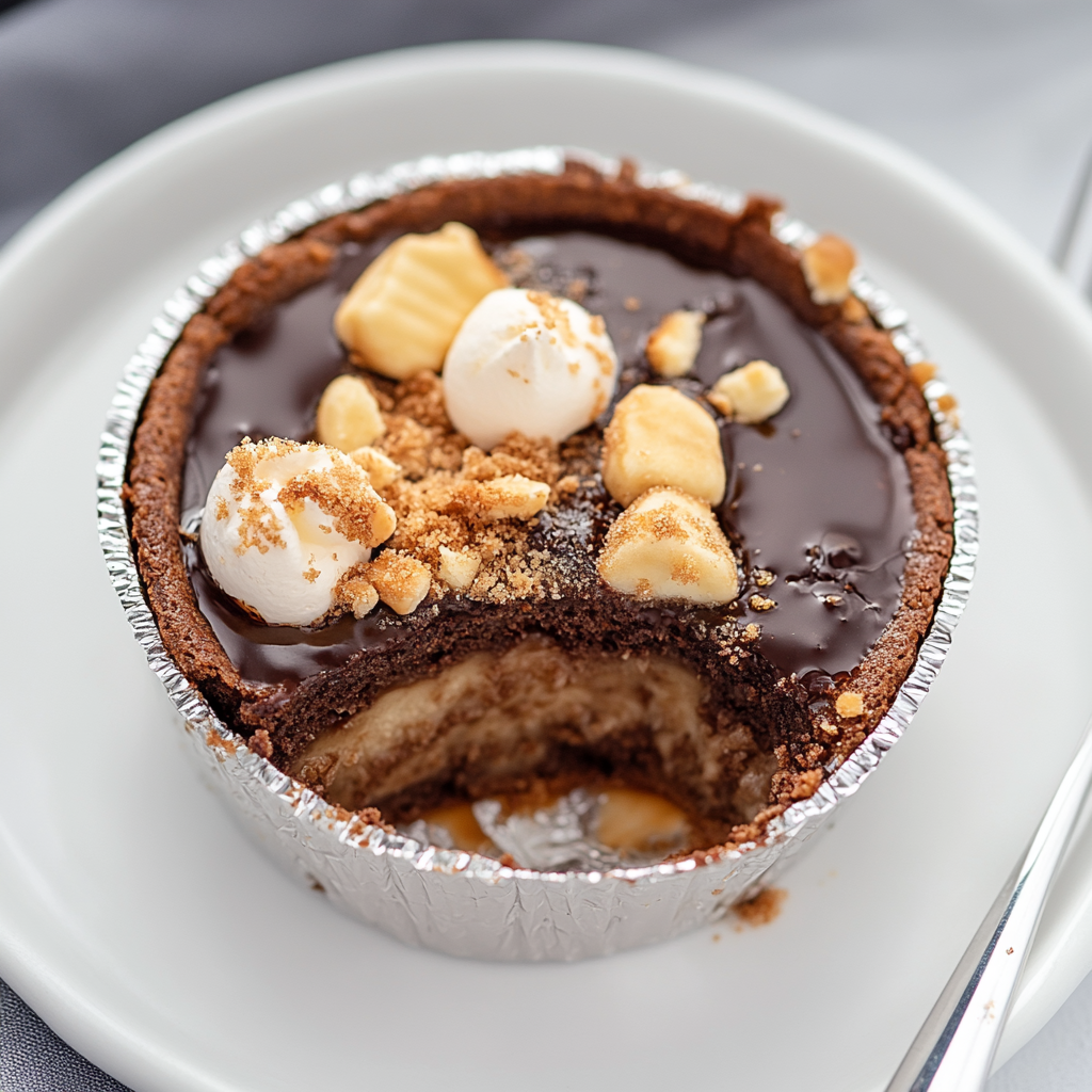 Recipe preparation for Gooey Toffee S’mores Brownie Pies