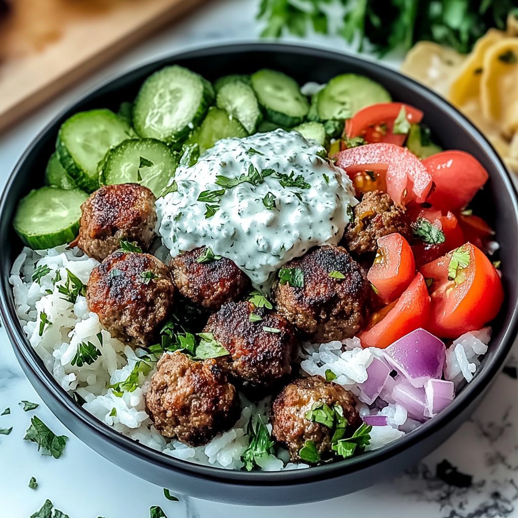 Recipe preparation for Greek Meatball Bowl with Tzatziki, Rice & Fresh Veggies