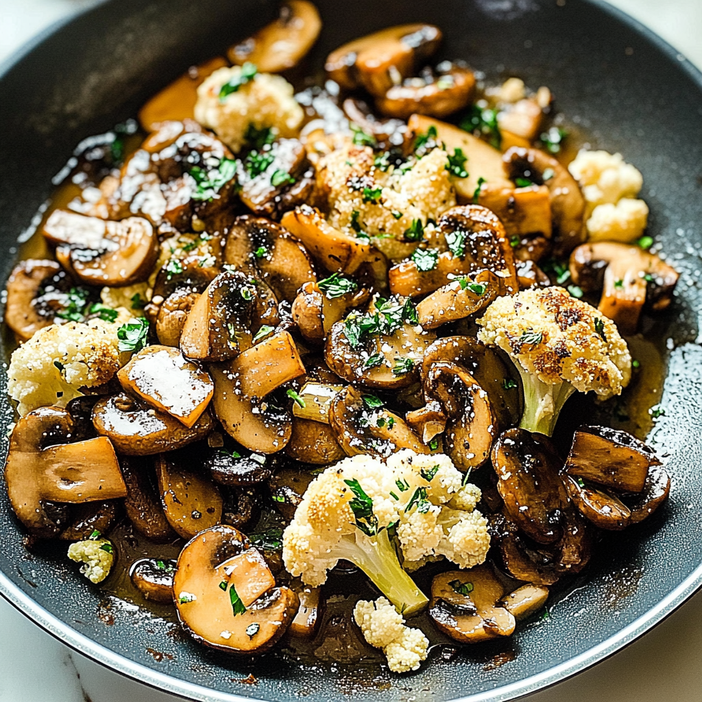 Recipe preparation for Sauteed Garlic Mushrooms & Cauliflower Skillet