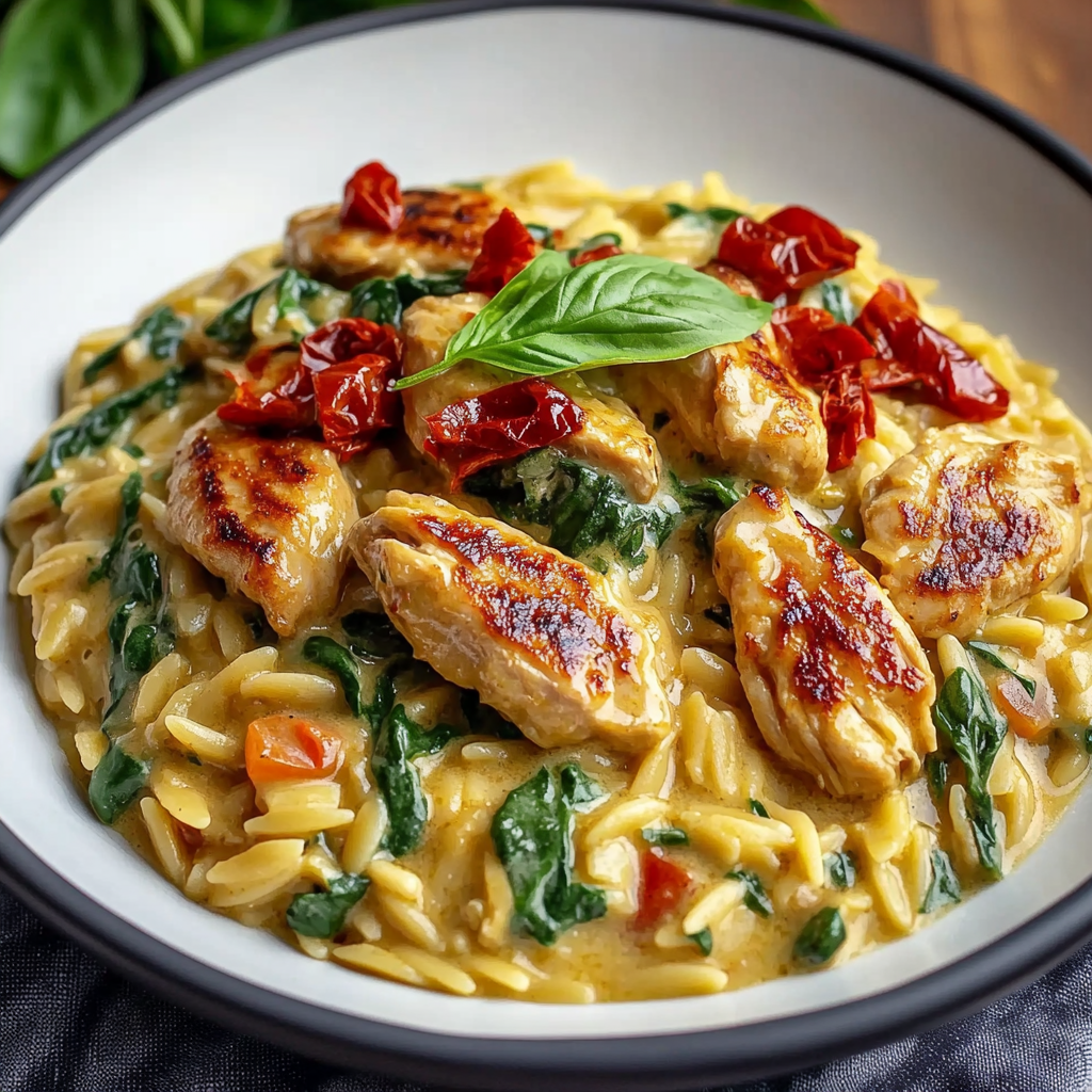 Recipe preparation for Slow Cooker Creamy Tuscan Chicken Orzo