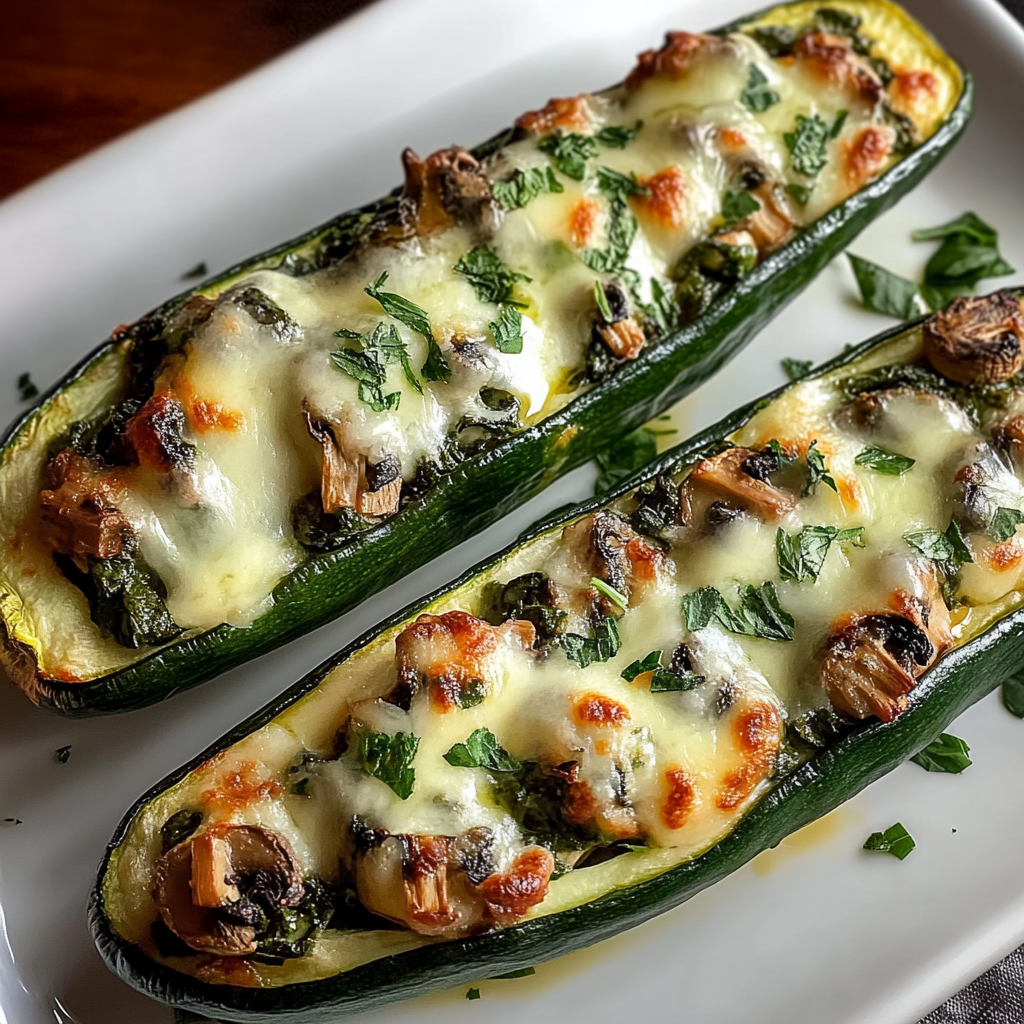 Recipe preparation for Spinach, Mushroom, and Ricotta Stuffed Zucchini Boats