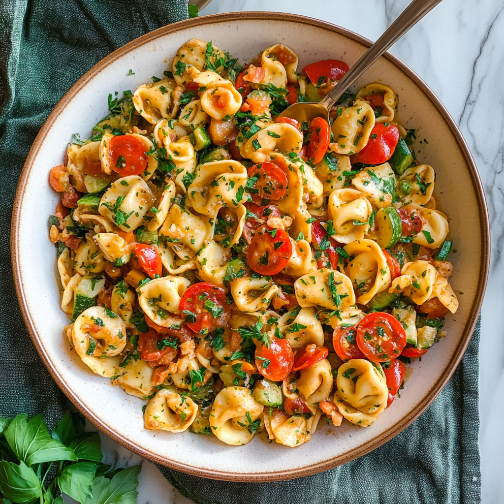 Recipe preparation for Tortellini with Summer Veggies