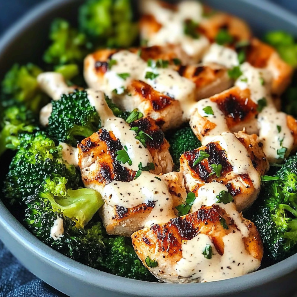 Recipe preparation for Grilled Chicken & Broccoli Bowls with Creamy Garlic Sauce
