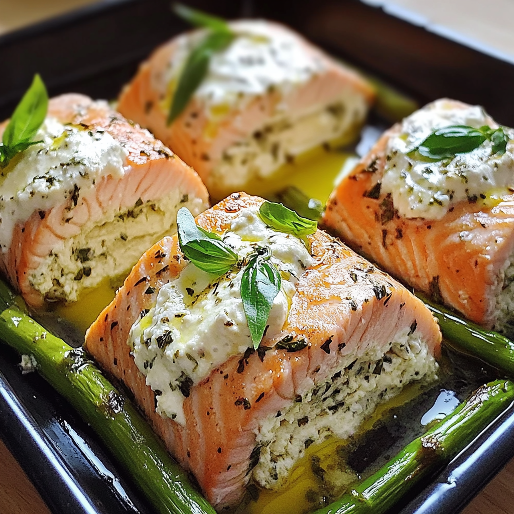 Recipe preparation for Asparagus & Lemon Basil Ricotta Stuffed Salmon Rolls