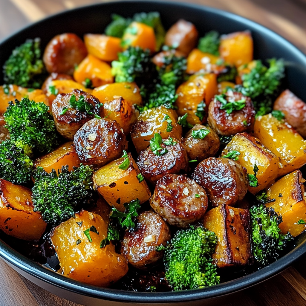 Recipe preparation for Sheet pan sausage and sweet potatoes with honey garlic sauce