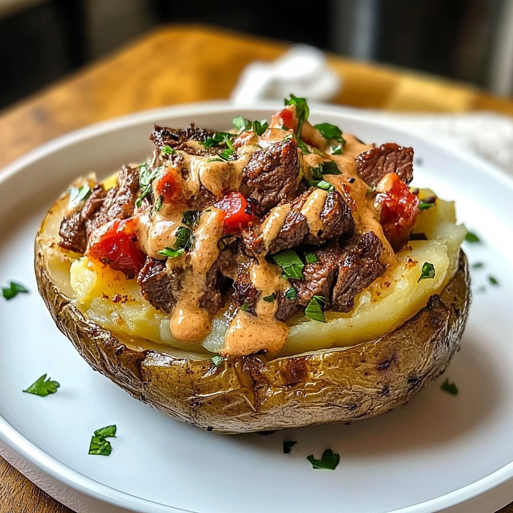 Recipe preparation for The Ultimate Loaded Baked Potato with Steak