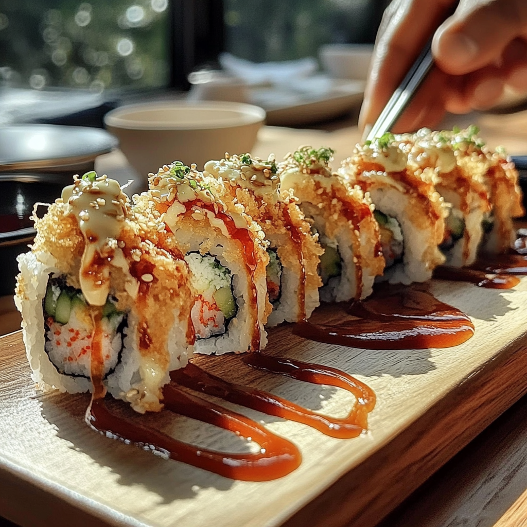 Recipe preparation for Homemade California Crunch Roll Sushi