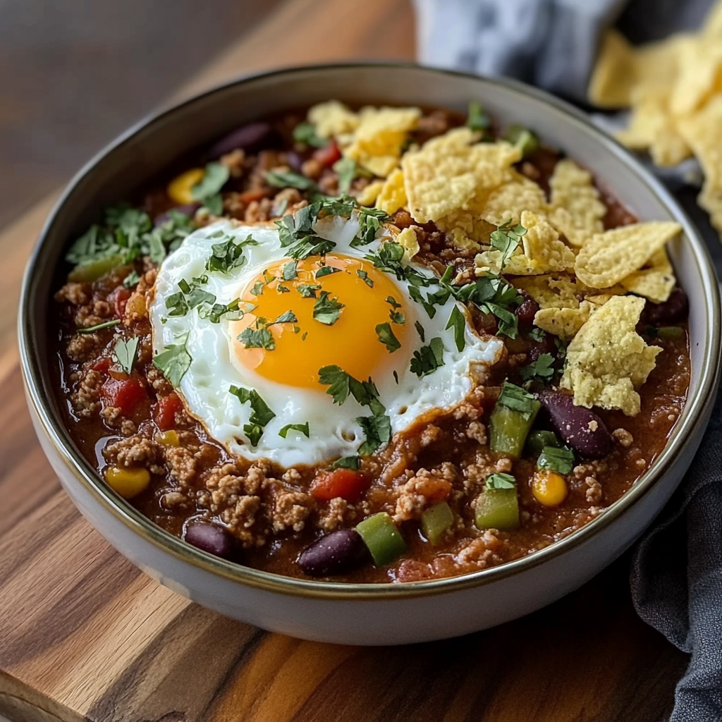 Recipe preparation for Hearty Breakfast Chili and Eggs