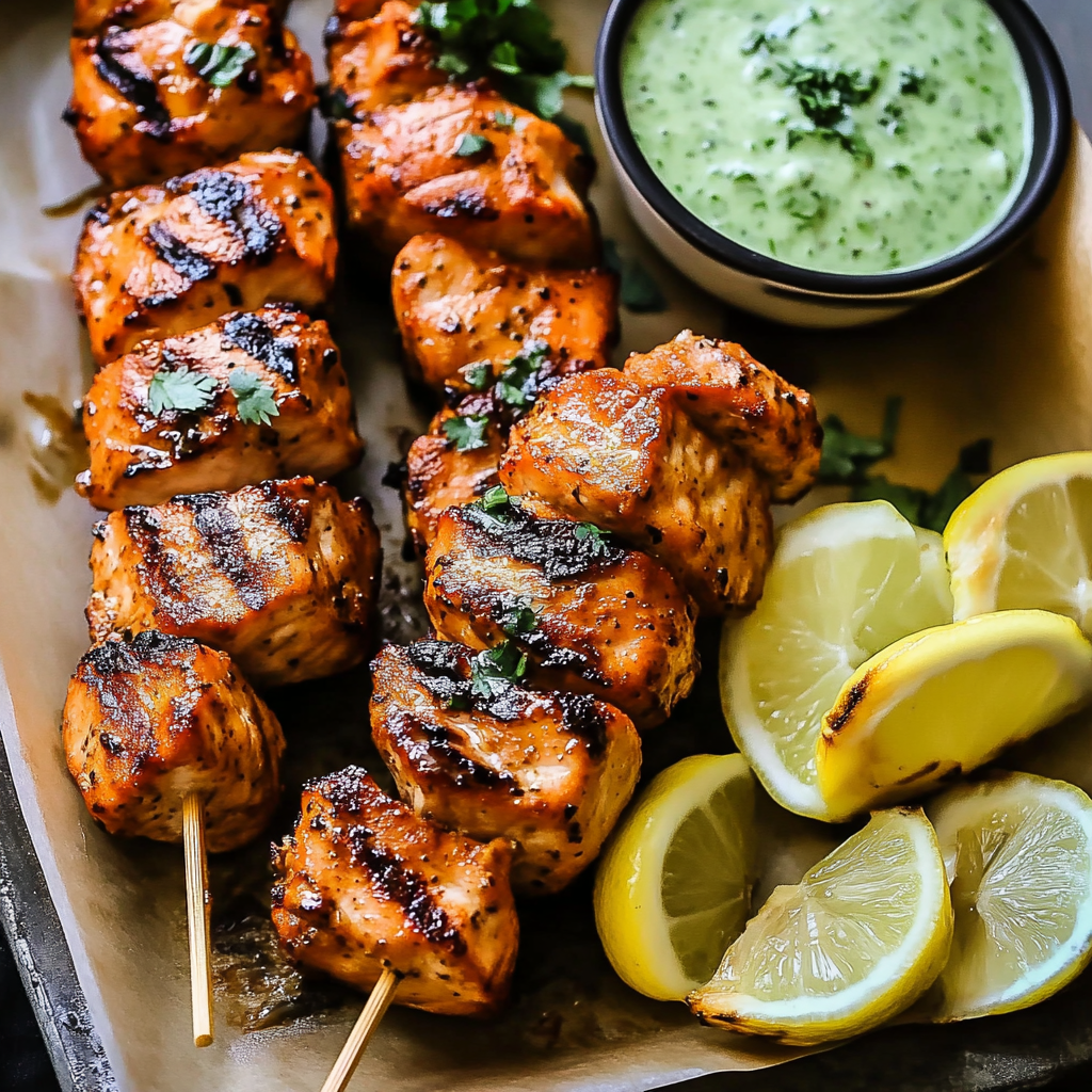 Recipe preparation for Grilled Salmon Skewers with Cilantro Sauce