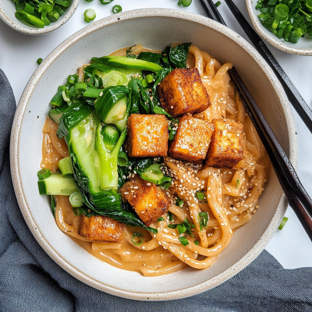 Recipe preparation for Saucy Tahini Pasta with Crispy Tofu