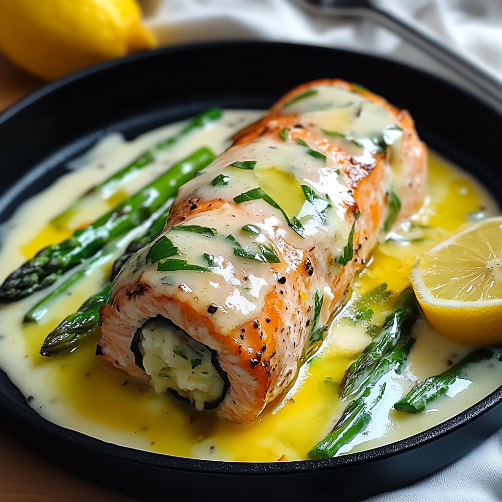 Recipe preparation for Asparagus and Lemon Basil Ricotta Stuffed Salmon Rolls with Lemon Sauce