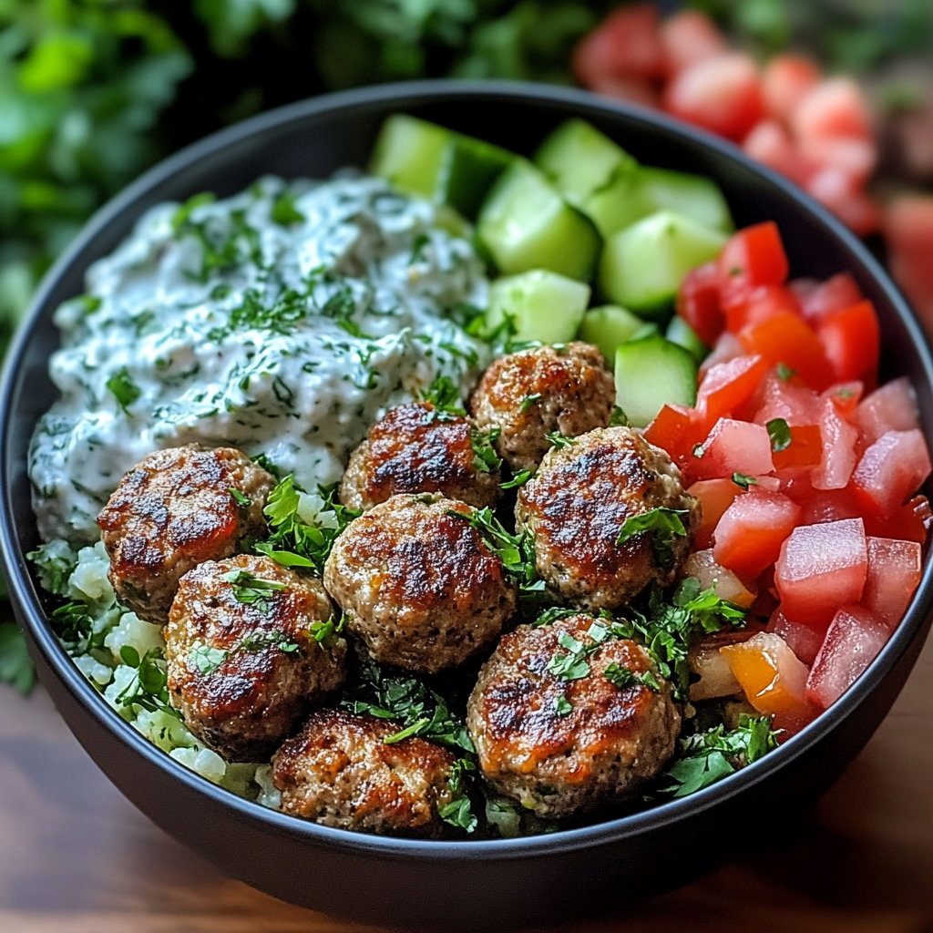 Recipe preparation for Greek Meatball Bowl with Tzatziki & Veggies