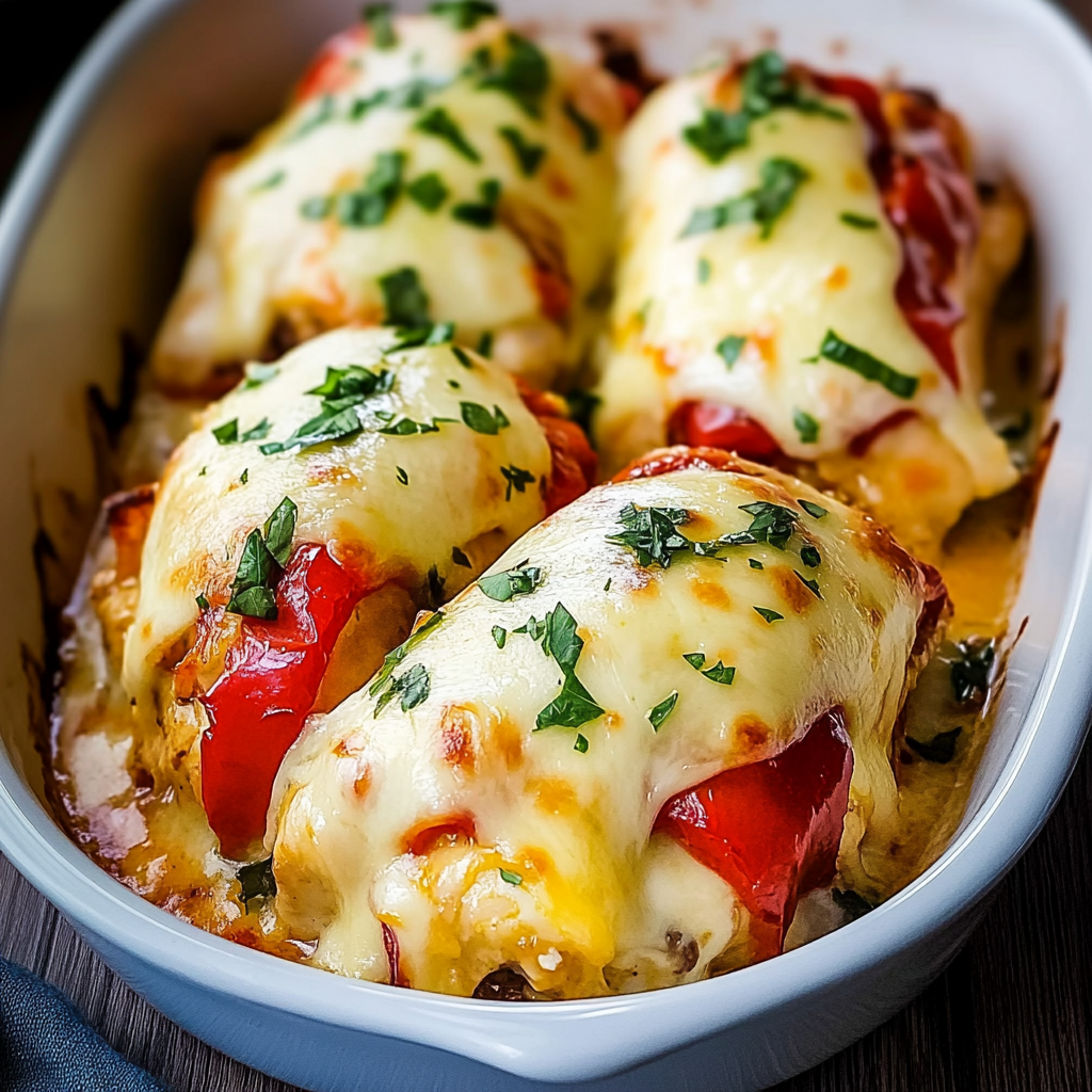Recipe preparation for Cheesy Baked Chicken and Pepper