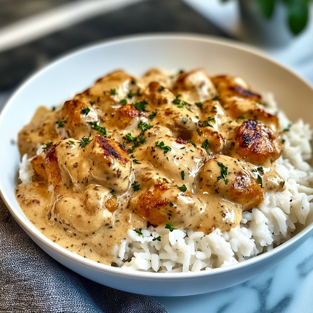 Recipe preparation for Creamy Smothered Chicken and Rice