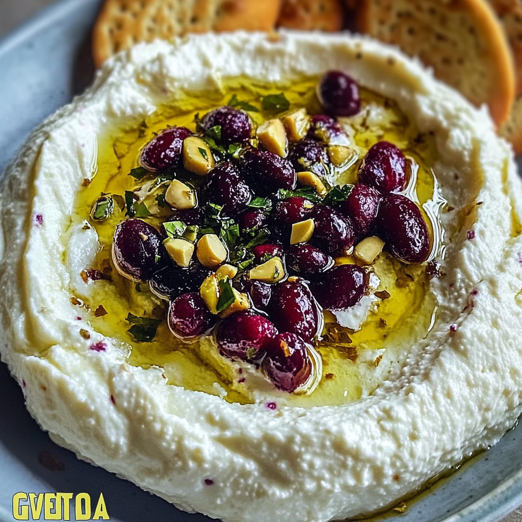 Recipe preparation for Whipped Feta Dip with Honey, Pistachios, and Cranberries