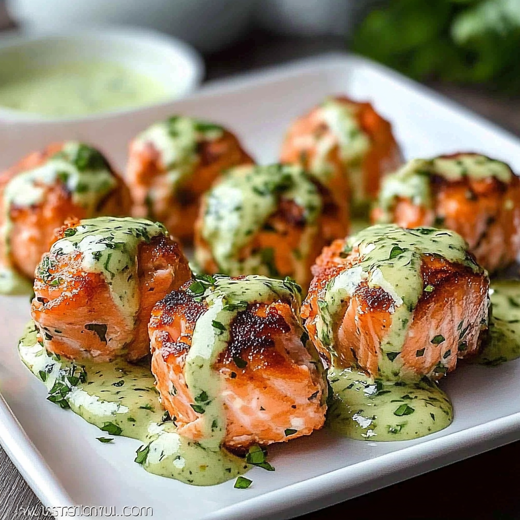 Recipe preparation for Crispy Salmon Bites with Sauce