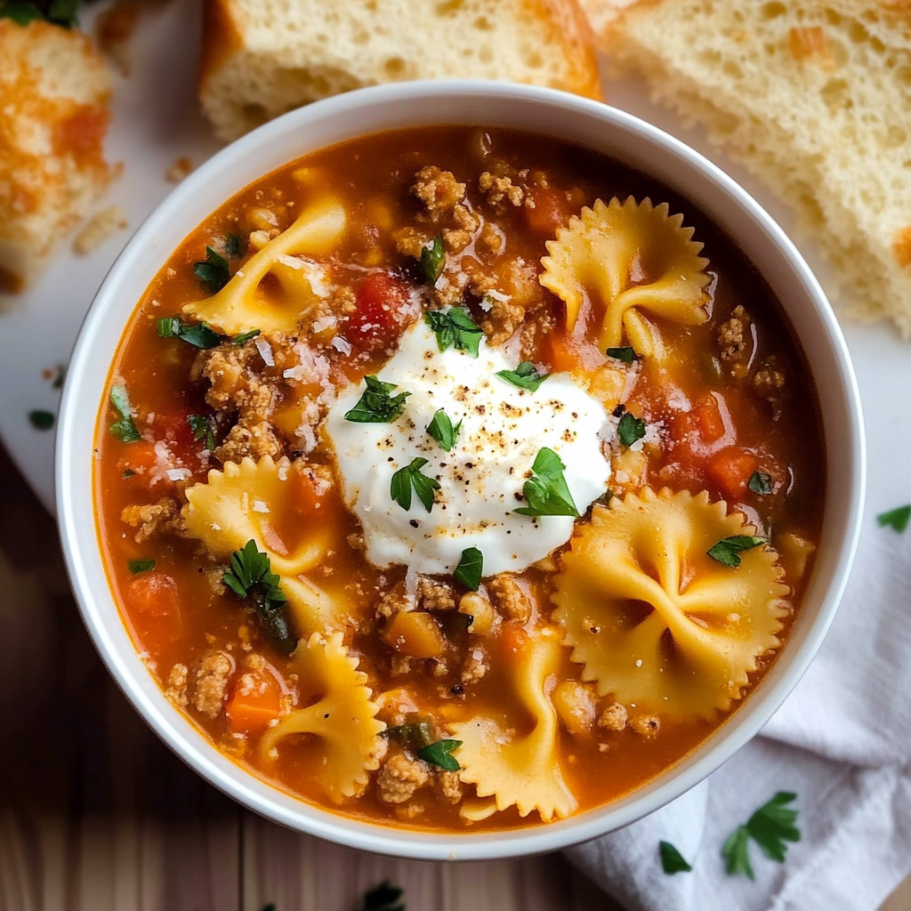 Recipe preparation for Hearty Lasagna Soup with Bow Tie Pasta