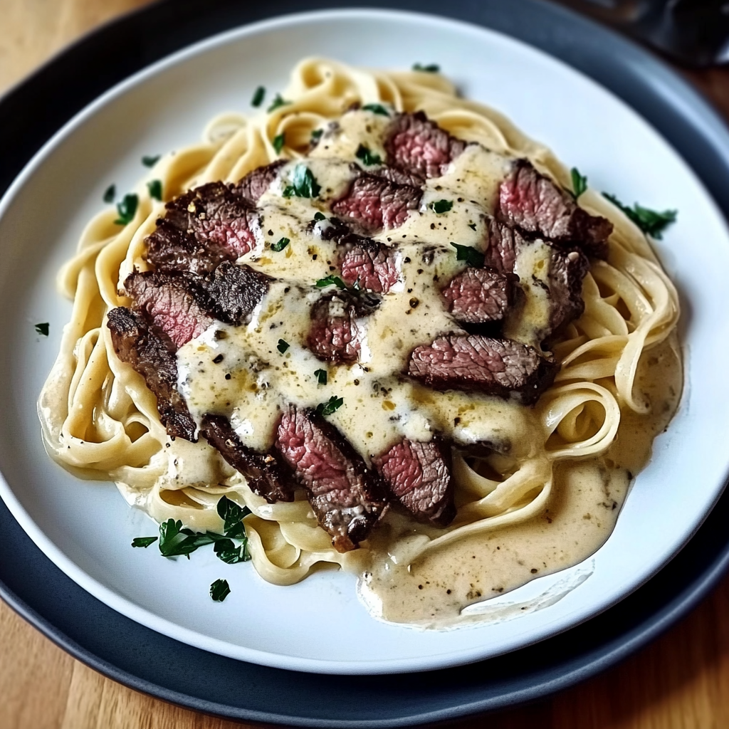 Recipe preparation for Creamy Steak Gorgonzola Alfredo