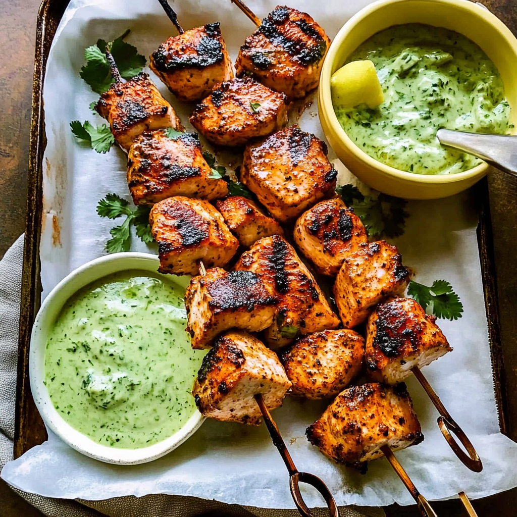 Recipe preparation for Grilled Salmon Skewers with Cilantro Sauce