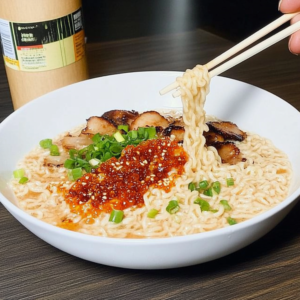 Recipe preparation for Basic instant ramen & sriracha pearls