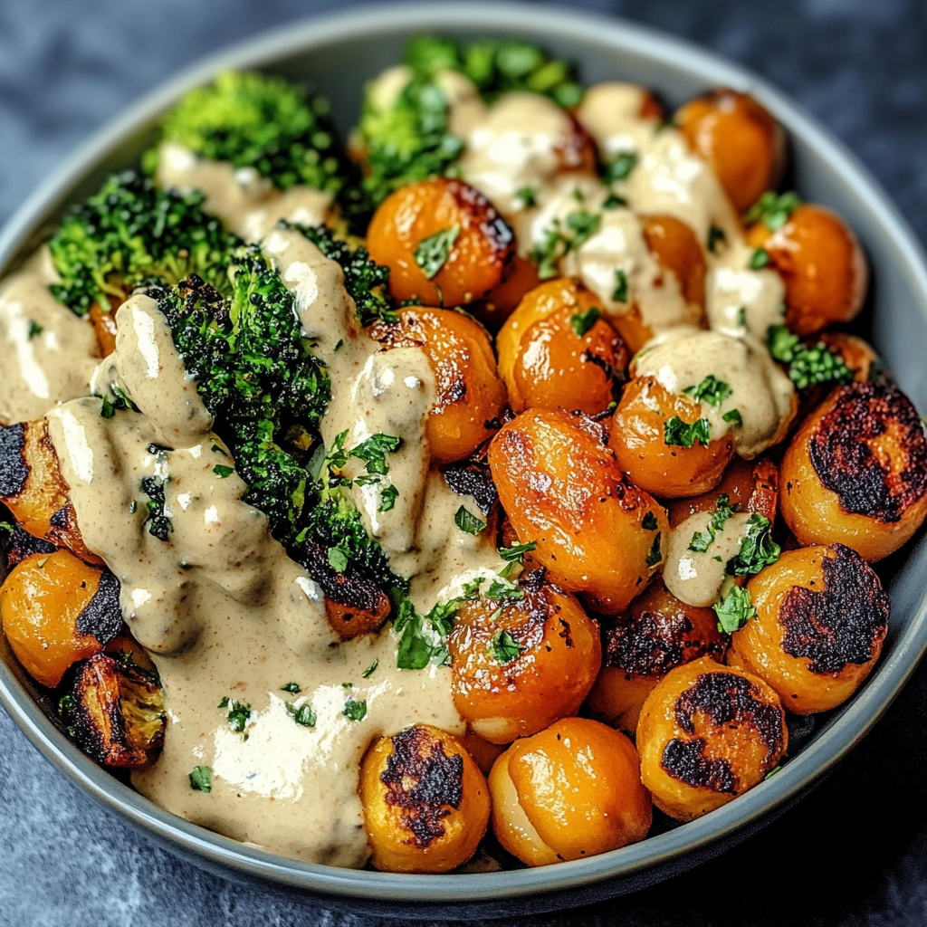Recipe preparation for Roasted Vegetable & Chickpea Bowl with Tahini Dressing