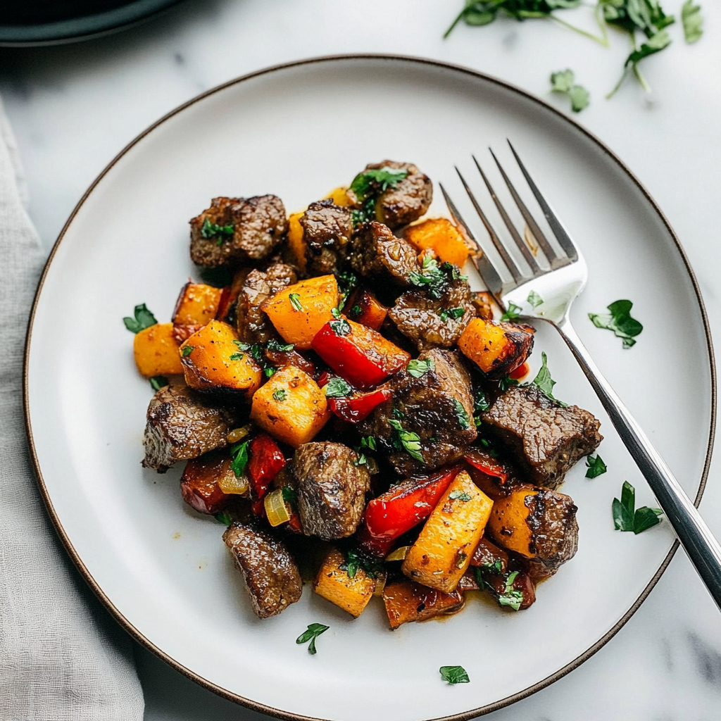 Recipe preparation for Steak Bites with Sweet Potatoes and Peppers