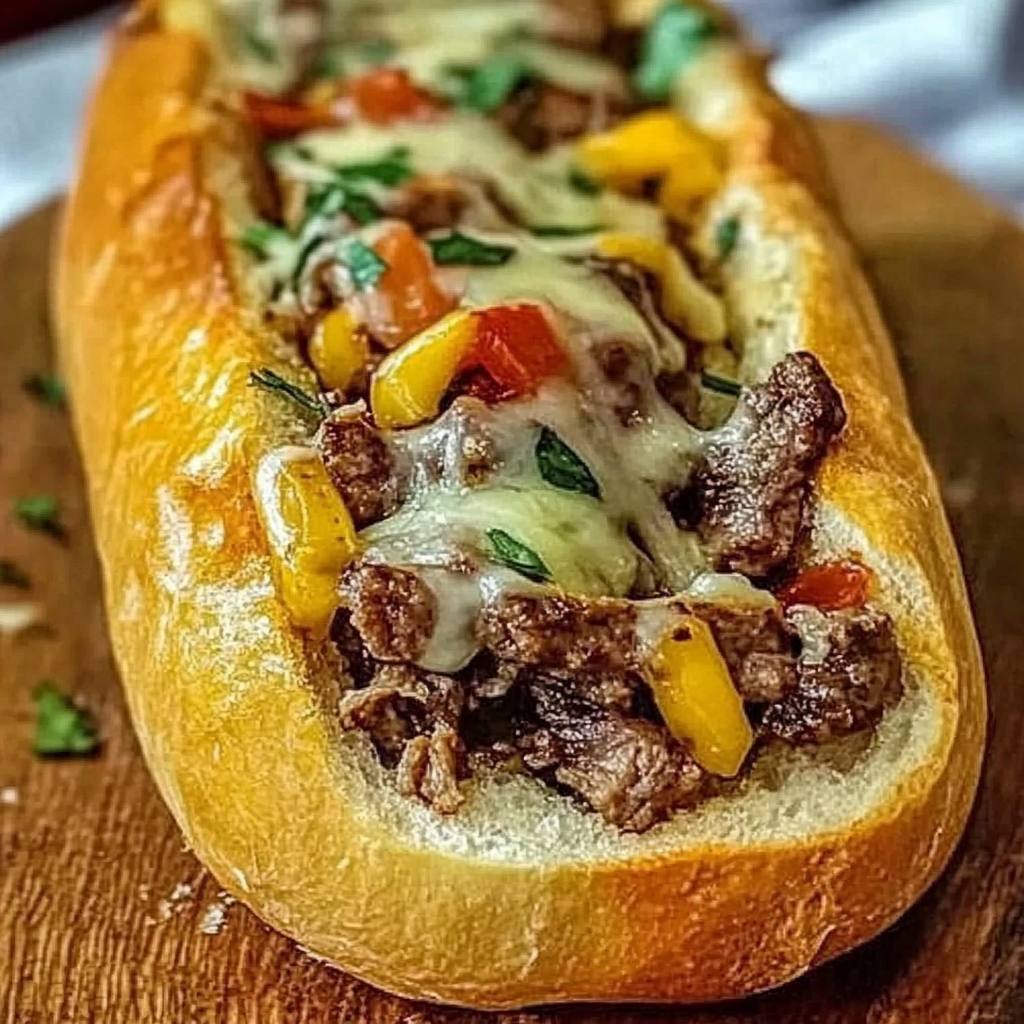 Recipe preparation for Cheesesteak-Stuffed Garlic Bread Recipe
