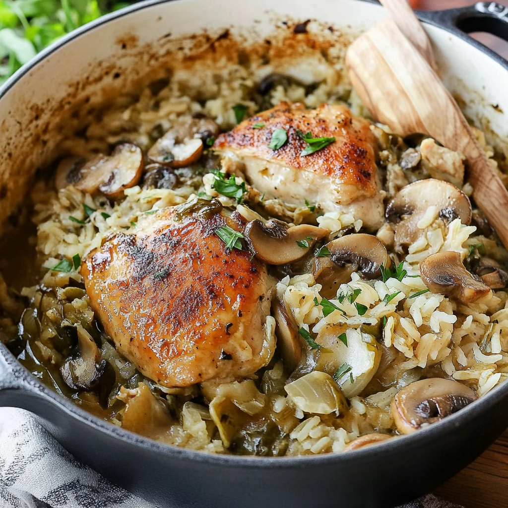 Recipe preparation for One‑Pot Mushroom Chicken and Rice